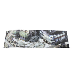Folded panoramic illustration depicting a post-apocalyptic urban scene with destroyed buildings and debris.