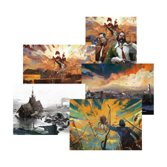 Collage of fantasy or adventure-themed artwork featuring various scenes and characters.