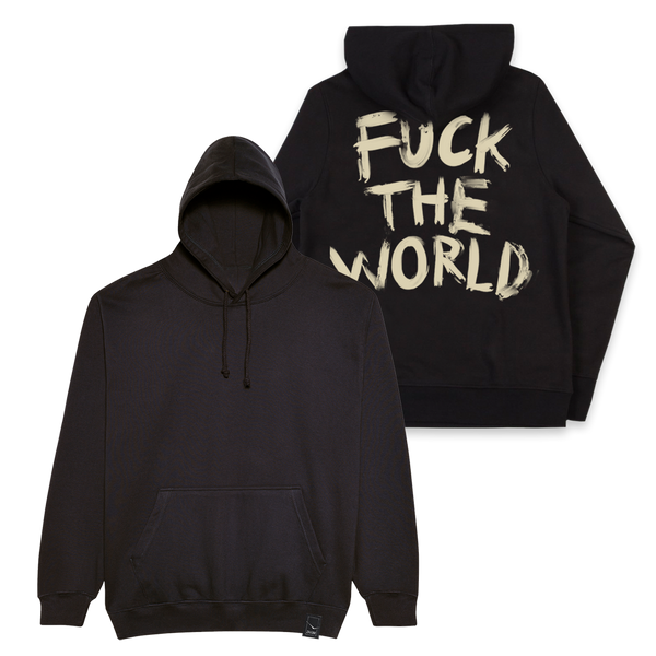Black hoodie with provocative text on the back in light-colored lettering.