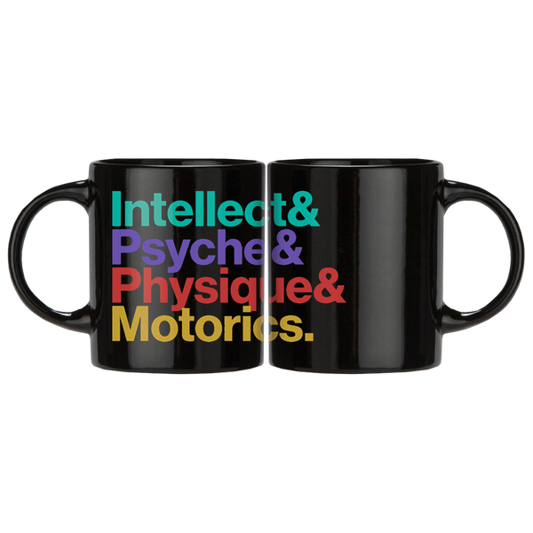 Black coffee mug with colorful text listing ’Intellect & Psyche & Physique & Motorics.’
