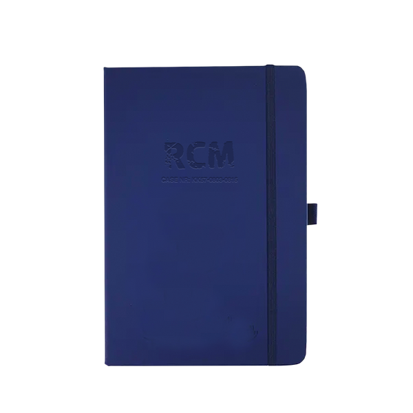 Navy blue hardcover notebook with an elastic closure band.