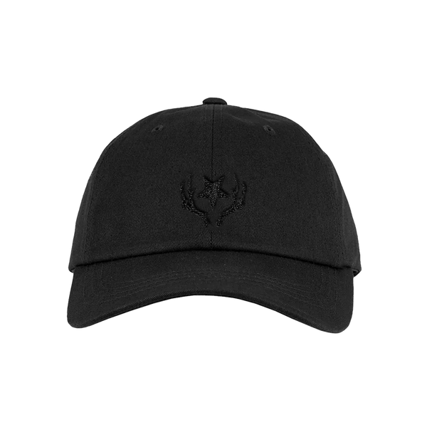 Black baseball cap with a small embroidered design on the front.