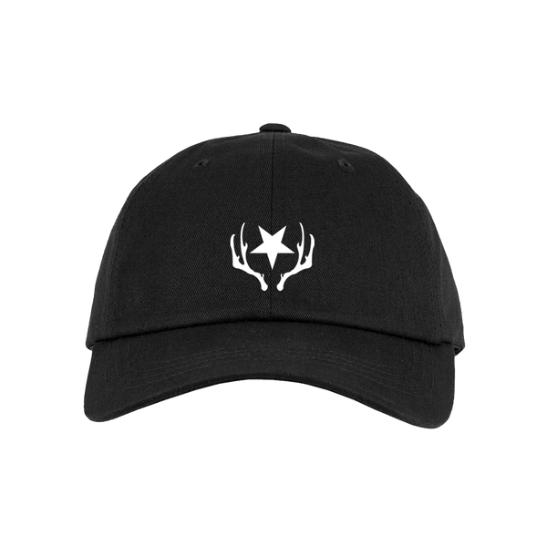 Black baseball cap with a white antler and star logo on the front.