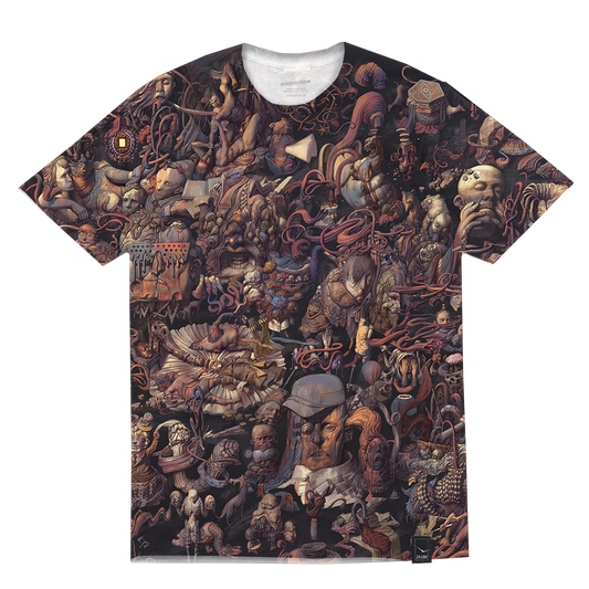 T-shirt with an intricate, surreal artwork print covering the entire front.