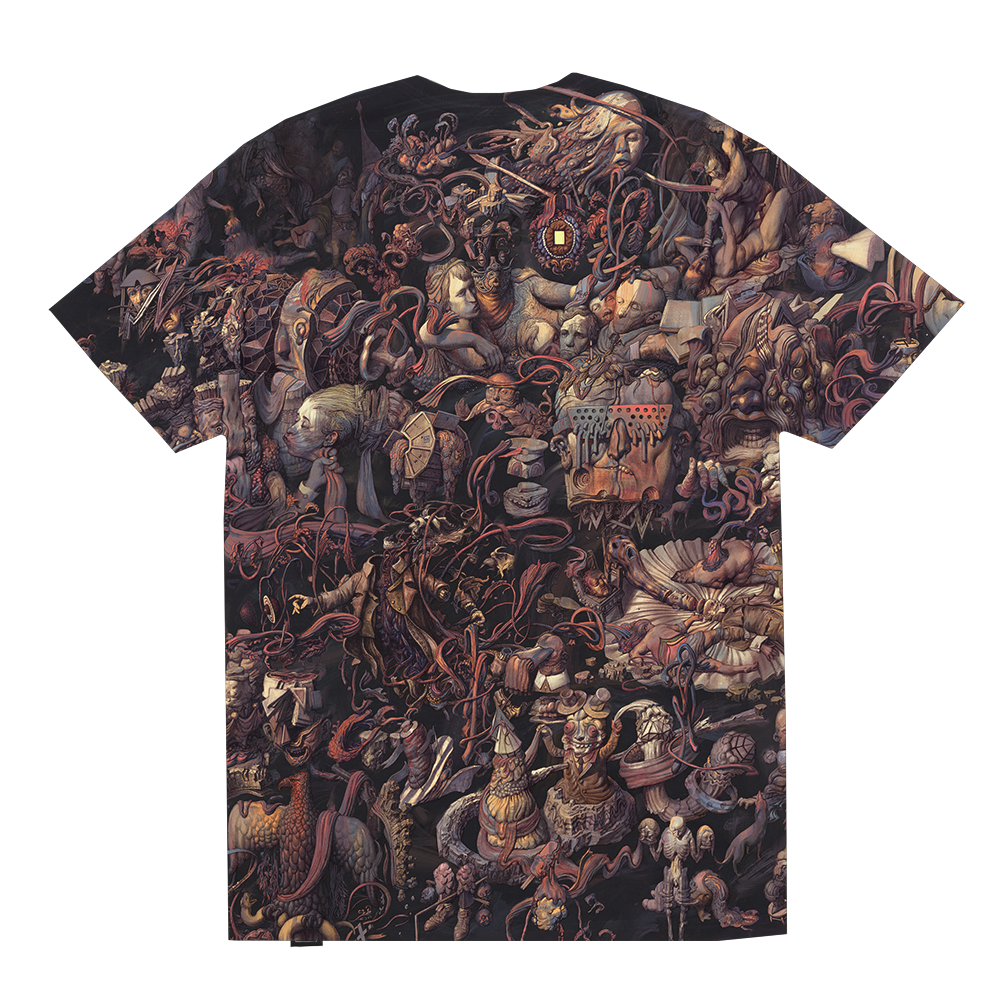 T-shirt with an intricate, densely packed all-over print featuring surreal and fantastical creatures and figures.