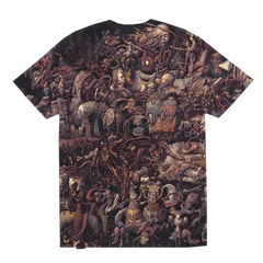 T-shirt with an intricate, densely packed all-over print featuring surreal and fantastical creatures and figures.
