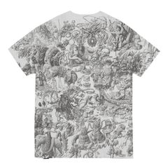 T-shirt with an intricate, densely detailed black and white illustration covering its entire surface.
