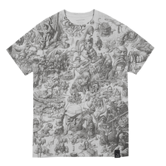 T-shirt with an intricate, densely detailed black and white illustration covering its entire surface.