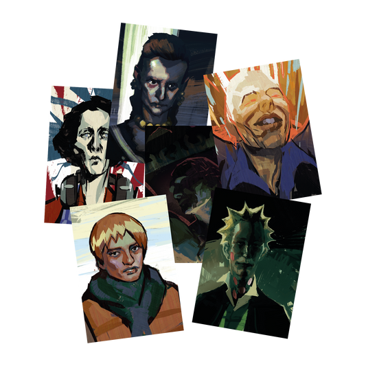 Collage of stylized portrait paintings depicting various individuals with different expressions and artistic styles.