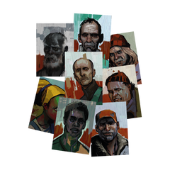 Collage of painted portraits depicting various men’s faces with distinct expressions and characteristics.