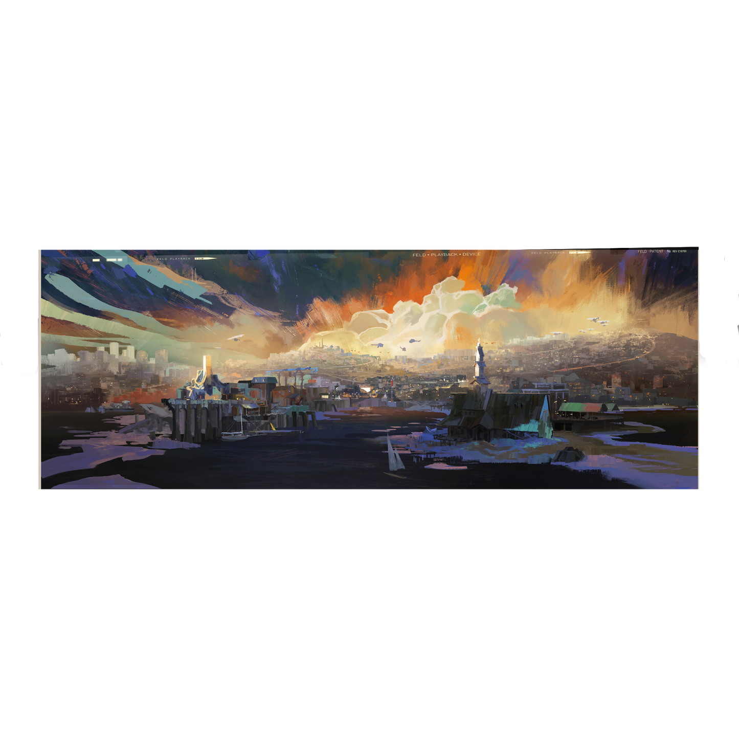Panoramic cityscape painting with dramatic sky and vibrant colors.
