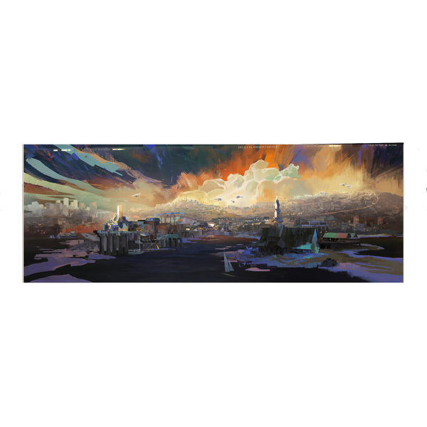 Panoramic cityscape painting with dramatic sky and vibrant colors.