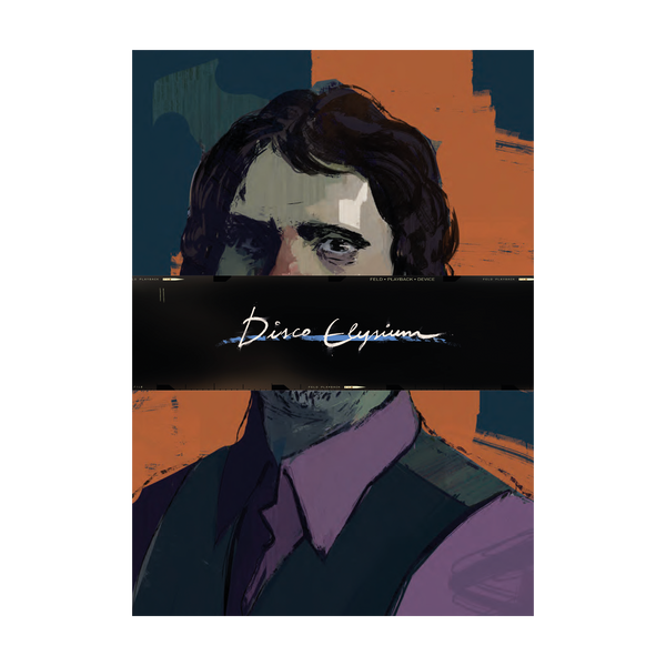 Portrait painting with a black bar obscuring part of the subject’s face, featuring a signature on the bar.