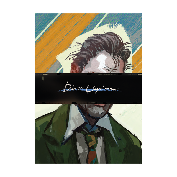 Partially obscured portrait painting of a person in a green suit and tie.