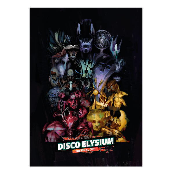 Colorful, surreal poster artwork featuring various fantastical creatures and the text ’Disco Elysium’.