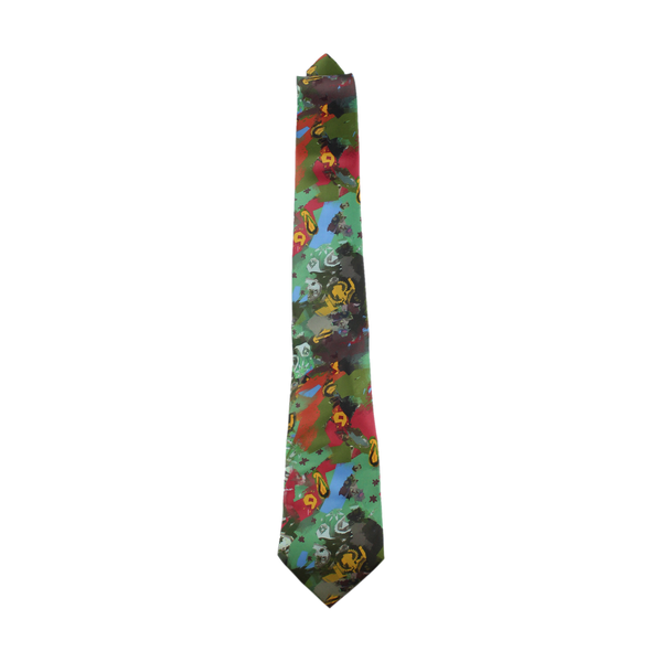 Colorful necktie with an abstract, painterly pattern featuring various hues and shapes.