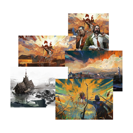 Collage of fantasy or adventure-themed artwork featuring various scenes and characters.