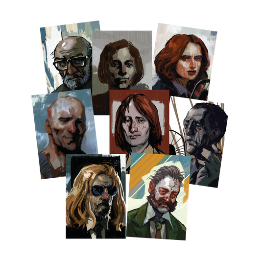 Collage of painted portraits depicting various people with different expressions and styles.