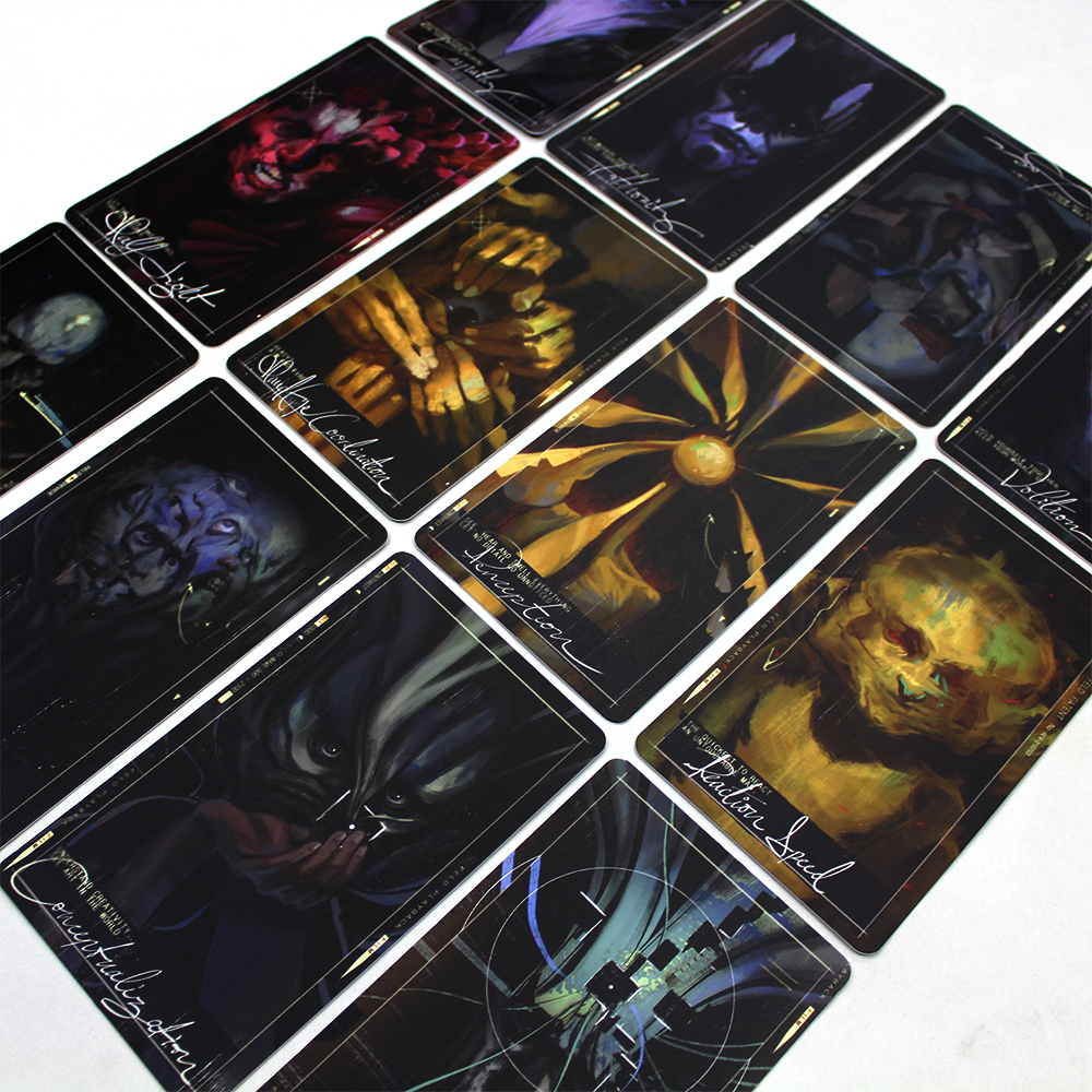 Collection of dark, mystical-looking tarot or oracle cards arranged in a grid pattern.