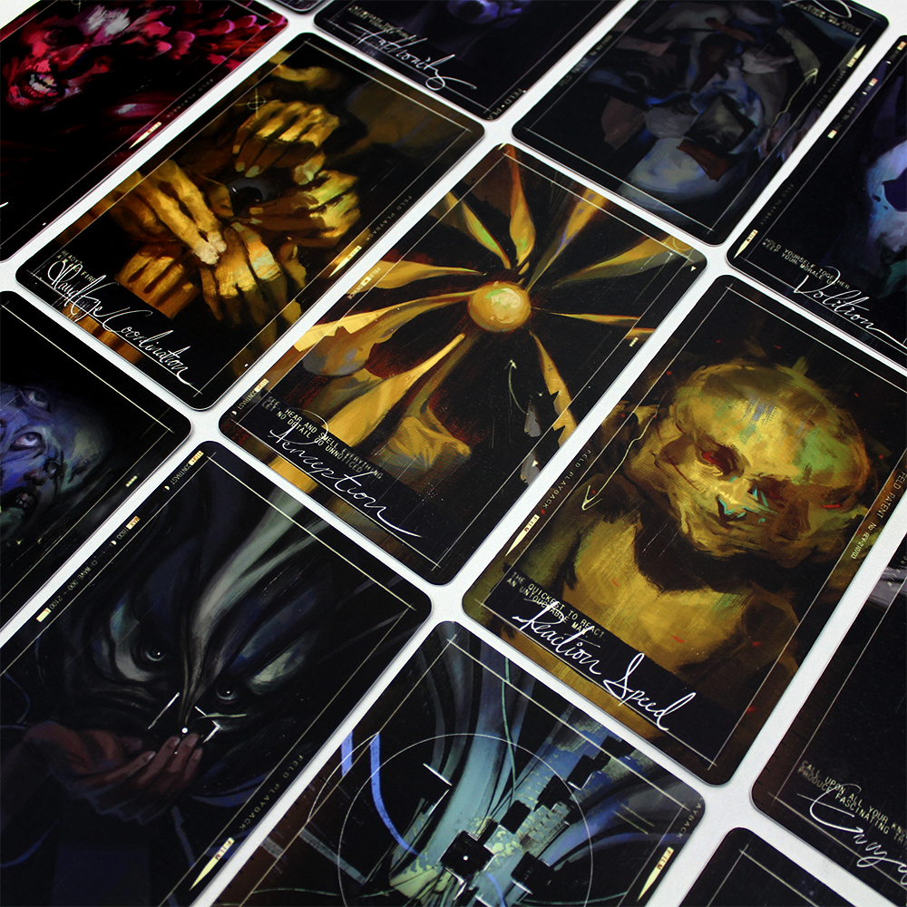 Collection of dark, artistic tarot cards with mystical and eerie imagery.