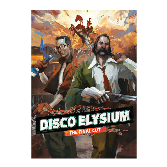 Video game cover art for ’Disco Elysium: The Final Cut’ featuring stylized character portraits against a dramatic sky backdrop.