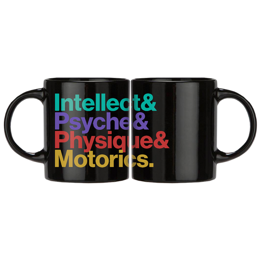 Black coffee mug with colorful text listing ’Intellect & Psyche & Physique & Motorics.’