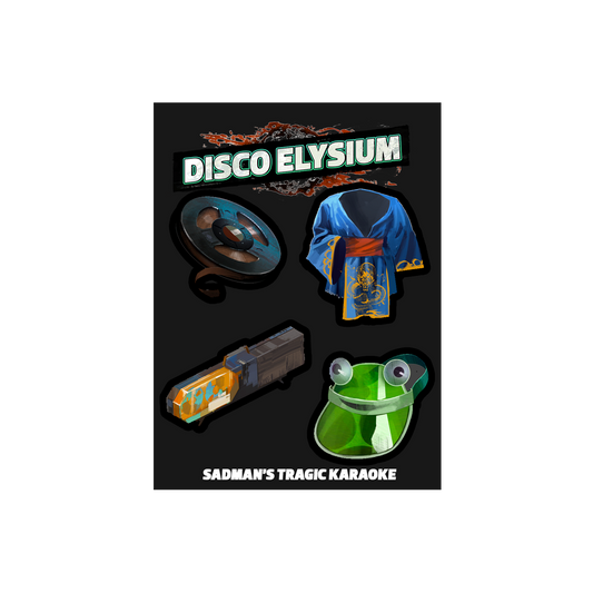 Promotional poster or cover art for ’Disco Elysium: Sadman’s Tragic Karaoke’ featuring iconic game items.