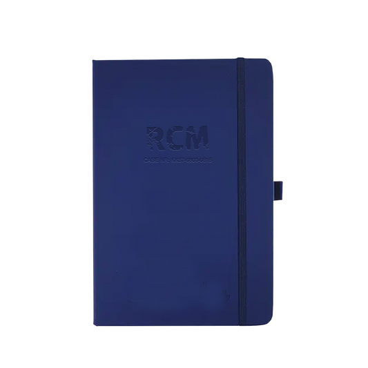 Navy blue hardcover notebook with an elastic closure band.