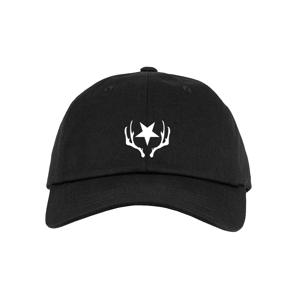 Black baseball cap with a white antler and star logo on the front.
