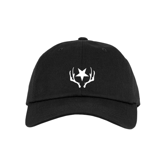 Black baseball cap with a white antler and star logo on the front.