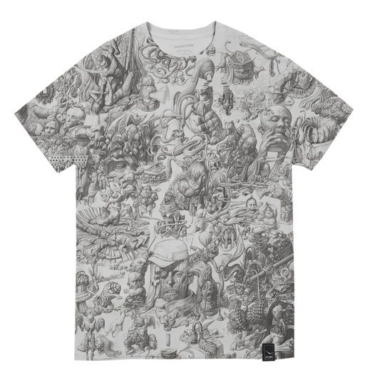 T-shirt with an intricate, densely detailed black and white illustration covering its entire surface.