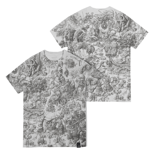 T-shirt with an intricate, detailed black and white illustration covering its entire surface.