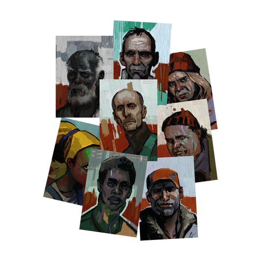 Collage of painted portraits depicting various men’s faces with distinct expressions and characteristics.