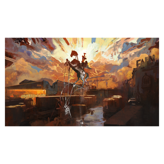 A skeletal figure wielding a scythe stands atop a structure in a dramatic sunset.