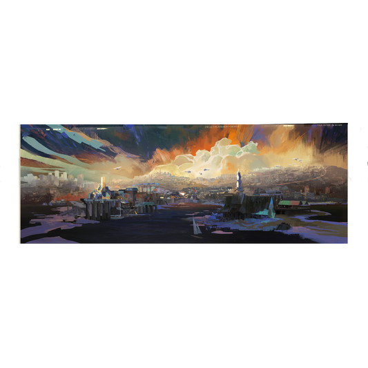 Panoramic cityscape painting with dramatic sky and vibrant colors.