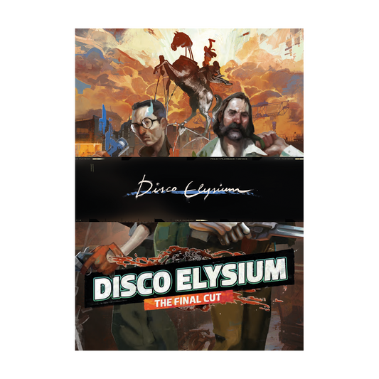 Video game cover art for ’Disco Elysium: The Final Cut’ featuring a collage of stylized character portraits and scenes.