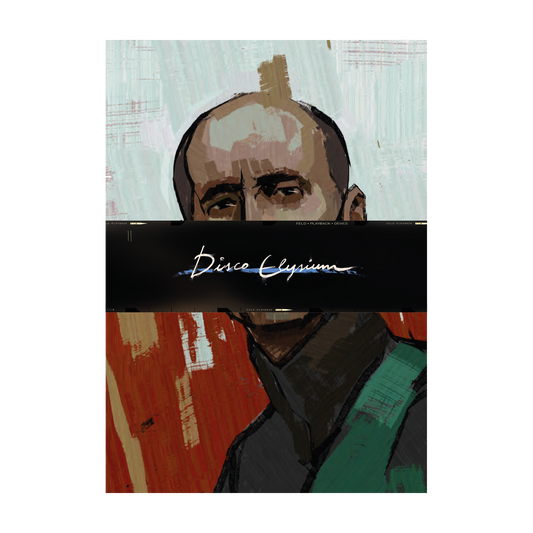 Portrait painting with a black bar obscuring part of the subject’s face, featuring a signature on the bar.