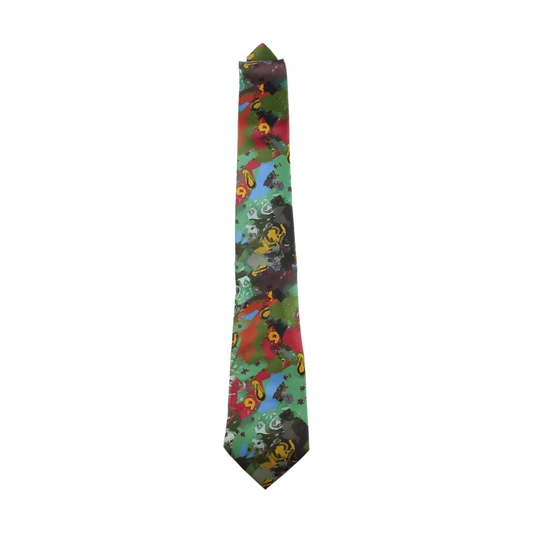 Colorful necktie with an abstract, painterly pattern featuring various hues and shapes.
