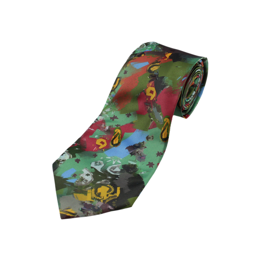 Colorful necktie with a vibrant pattern featuring fish and underwater motifs.